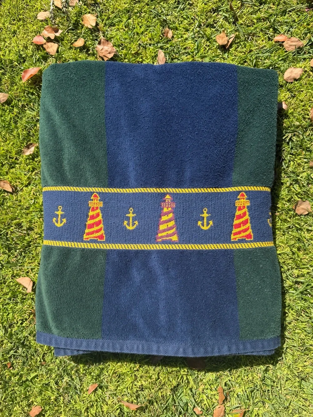 Vintage Nautical Lighthouse Oversized Beach Towel Blue Green Stripe 39x67 GUC